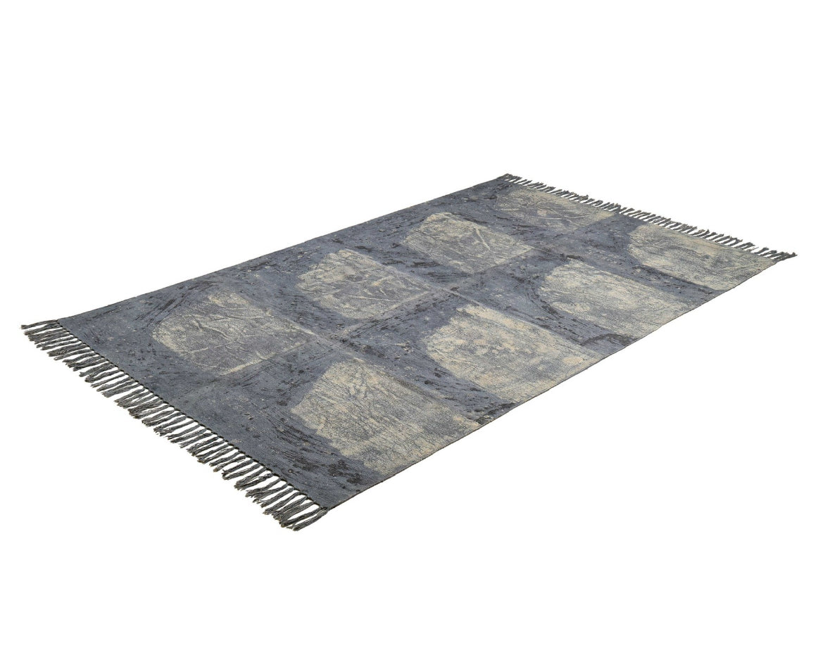 Handwoven Abstract Blue Area Rug with Fringes – Boho Modern Wool Blend Carpet