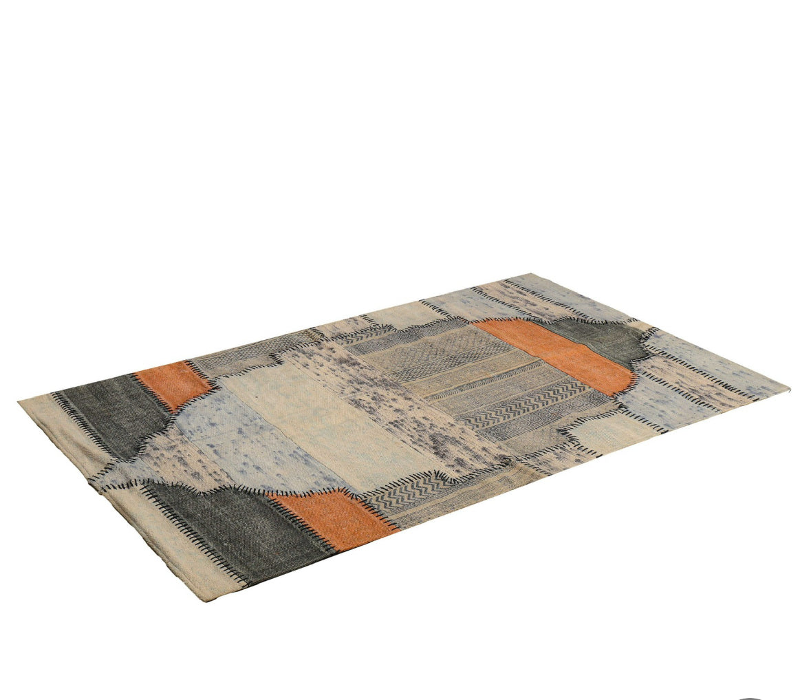 Ethnic Handwoven Geometric Rug – Orange & Grey Flatweave Area Carpet for Living Room