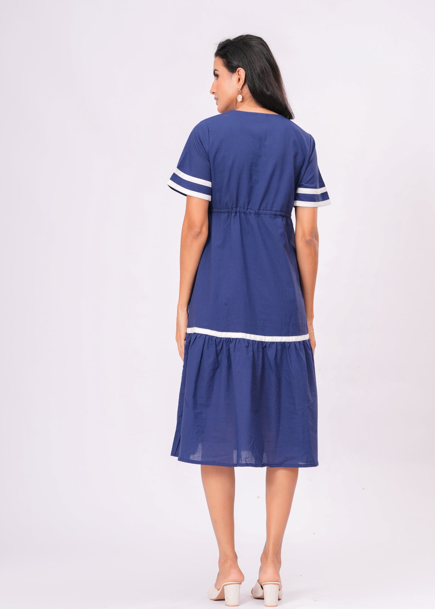 Cotton Empire Waist Midi Dress with Contrast Trim & Tassel Tie