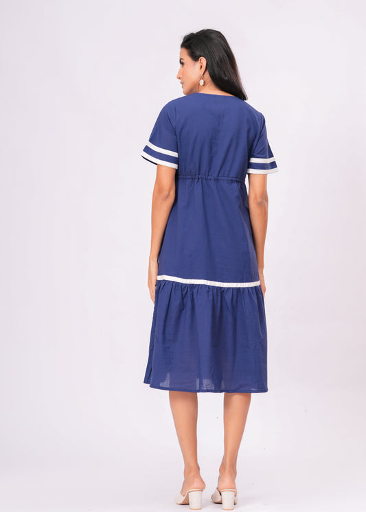 Cotton Empire Waist Midi Dress with Contrast Trim & Tassel Tie