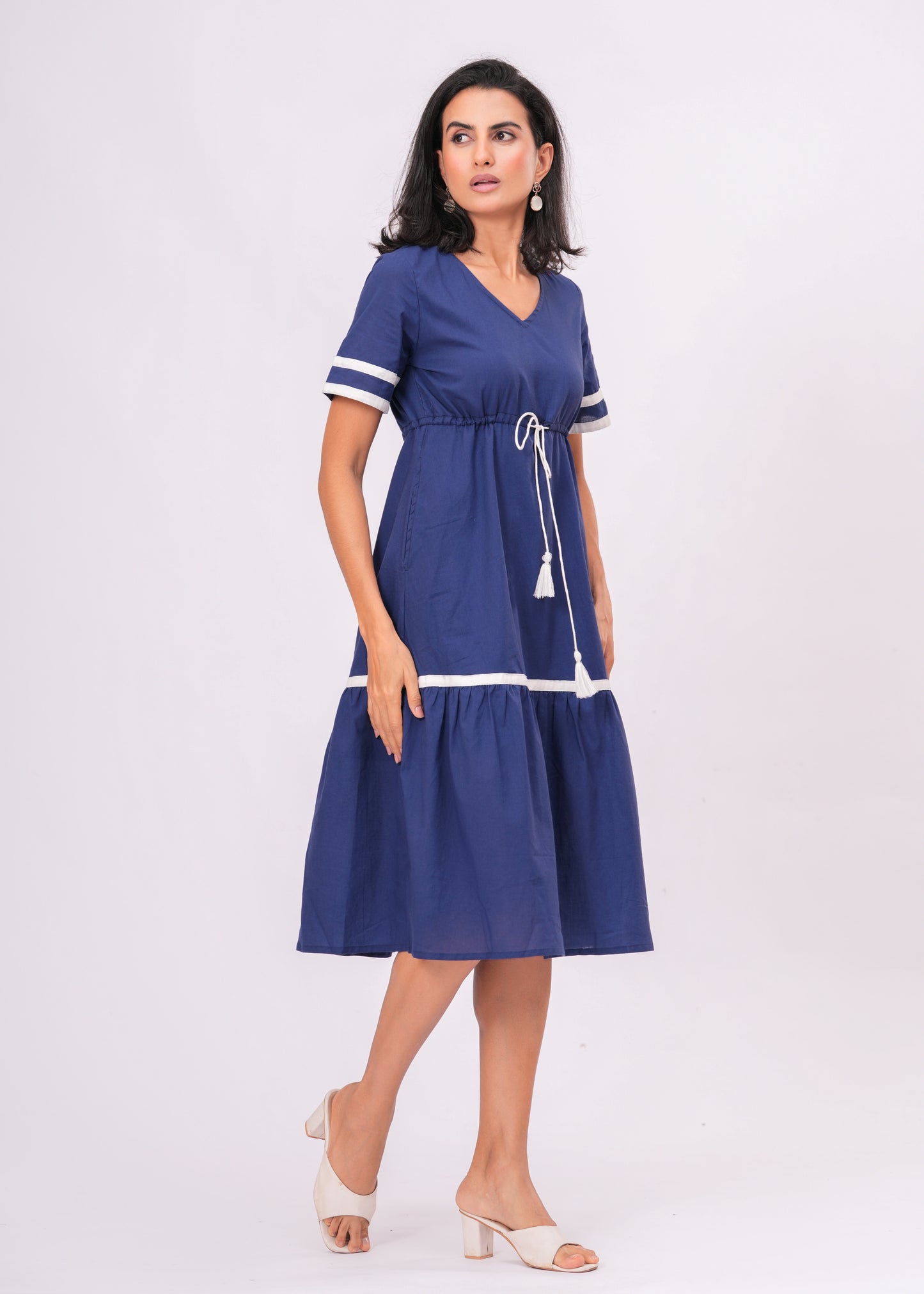 Cotton Empire Waist Midi Dress with Contrast Trim & Tassel Tie