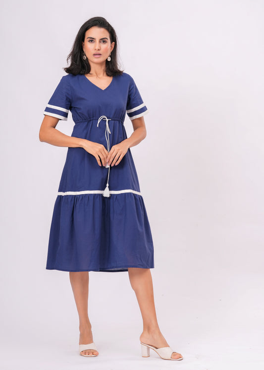 Cotton Empire Waist Midi Dress with Contrast Trim & Tassel Tie
