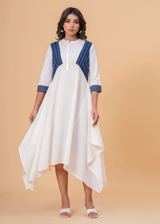 Handkerchief Hem Dress with Kantha Stitch Detail & Contrast Yoke