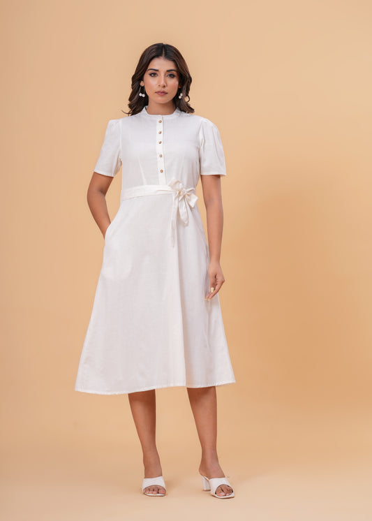 Solid White Puff Sleeve Midi Dress | Cotton A-Line Fit with Button Front & Waist Tie