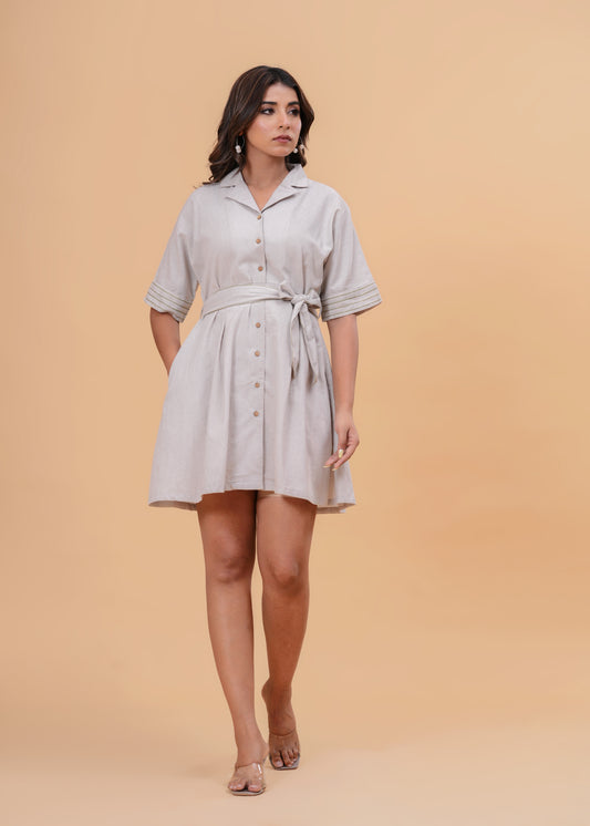 Linen Blend Dress for Women – Short Sleeve Collared Mini Dress with Waist Tie